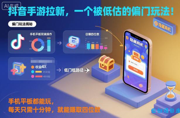 抖音手游拉新,一个被低估的偏门玩法!手机平板都能玩,每天只需十分钟,就能賺取四位数【揭秘】-云创项目库