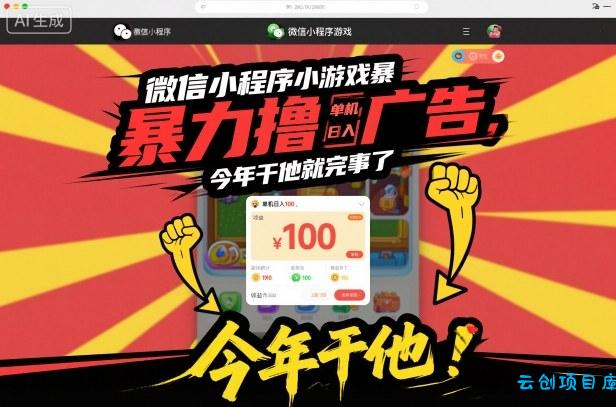 微信小程序小游戏暴力撸广告,单机日入100,今年干他就完事了-云创项目库