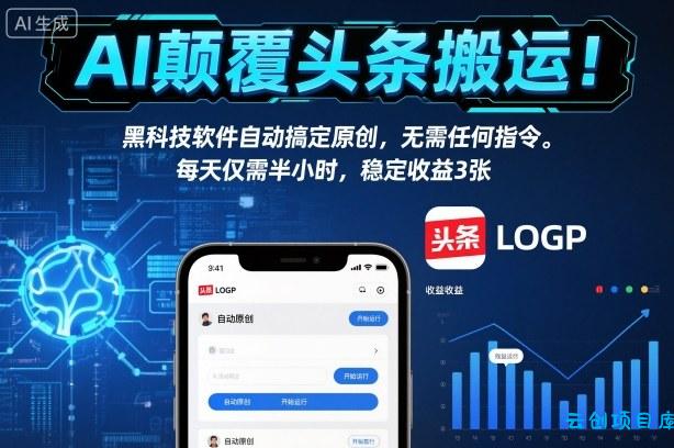 AI颠覆头条搬运!黑科技软件自动搞定原创,无需任何指令。每天仅需半小时,稳定收益3张【揭秘】-云创项目库