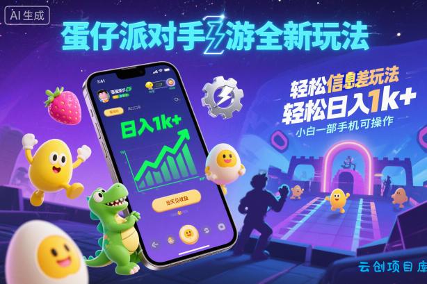 蛋仔派对手游全新玩法，轻松日入1k+，风口信息差玩法，当天见收益，小白一部手机可操作-云创项目库