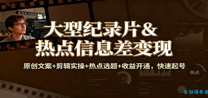 大型纪录片&热点信息差变现:原创文案+剪辑实操+热点选题+收益开通,快速起号-云创项目库