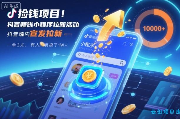 捡钱项目!抖音賺钱小程序拉新活动,抖音端内宣发拉新,一单3米,有人半个月搞了1W+-云创项目库