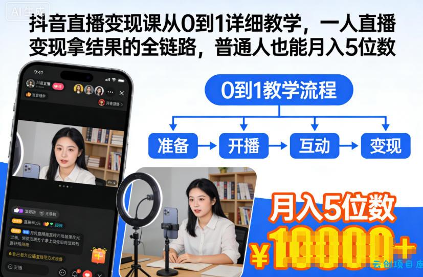 抖音直播变现课从0到1详细教学,一人直播变现拿结果的全链路,普通人也能月入5位数-云创项目库