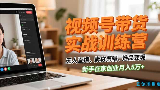 视频号带货实战训练营,无人直播、素材剪辑、选品变现,新手在家创业月入5万+-云创项目库