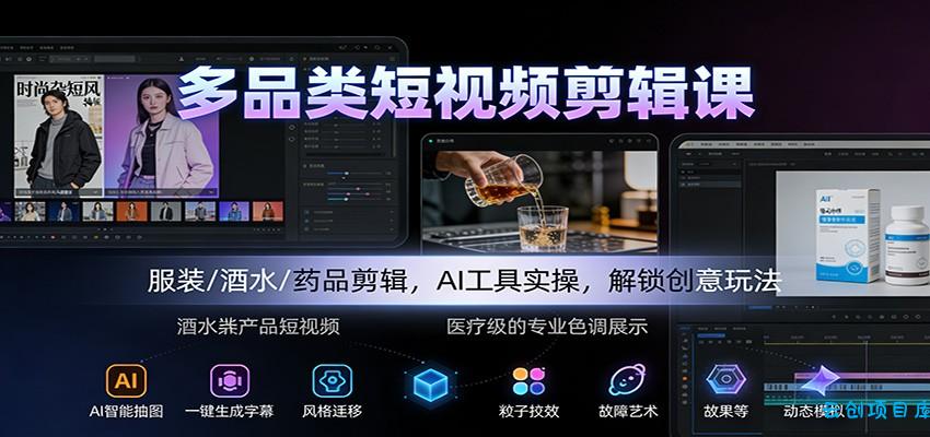 多品类短视频剪辑课:服装/酒水/药品剪辑,AI工具实操,解锁创意玩法-云创项目库