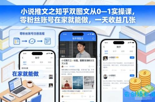 小说推文之知乎双图文从0—1实操课,零粉丝账号在家就能做,一天收益几张-云创项目库