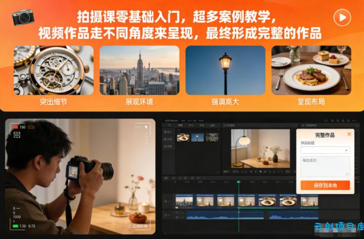 拍摄课零基础入门,超多案例教学,视频作品走不同角度来呈现,最终形成完整的作品-云创项目库