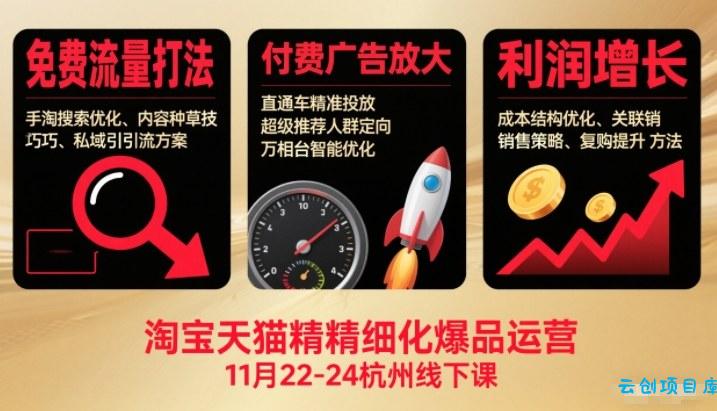 淘宝天猫精细化爆品运营11月22-24杭州线下课,免费流量打法+付费广告放大+利润增长(音频+文档)-云创项目库
