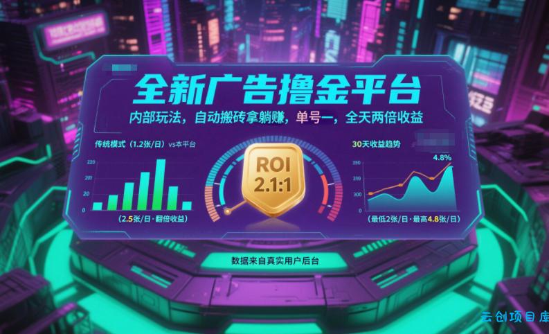 全新广告撸金平台,内部玩法,自动搬砖拿躺賺,单号一天保底2张+,全天两倍收益【揭秘】-云创项目库