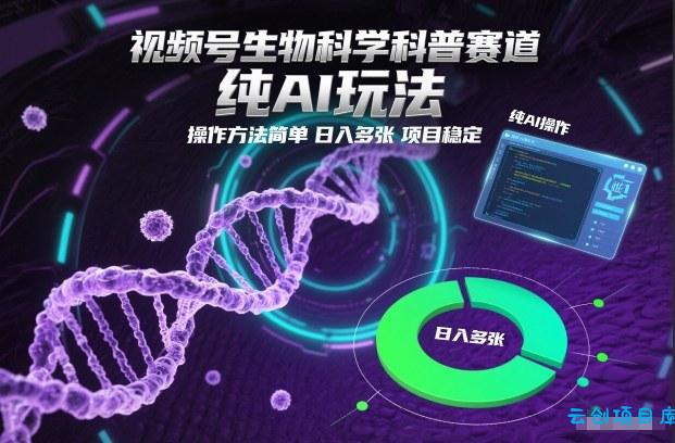 视频号生物科学科普赛道，纯AI玩法，操作方法简单，日入多张，项目稳定-云创项目库