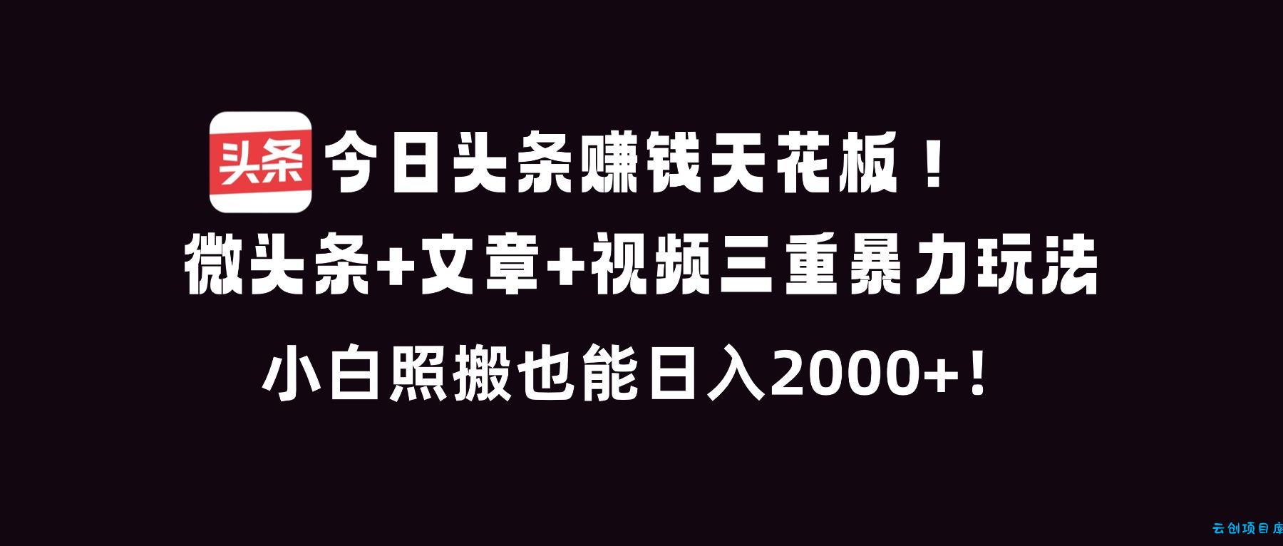 今日头条赚钱天花板！微头条+文章+视频三重暴利玩法，小白照搬也能日人2000+-云创项目库