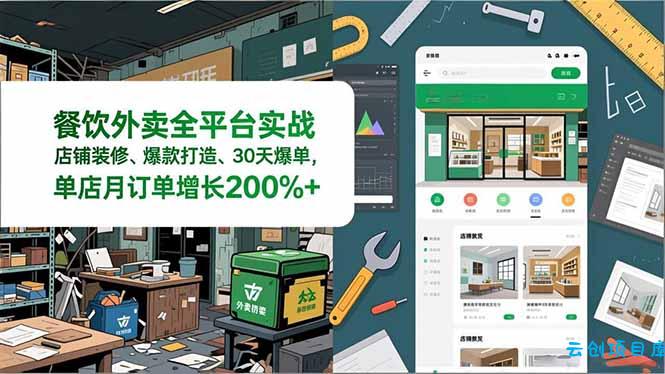 餐饮外卖全平台实战，店铺装修、爆款打造、30天爆单，手把手教学，单店月订单增长200%+-云创项目库