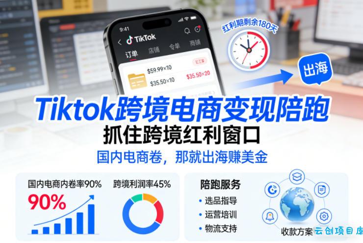 Tiktok跨境电商变现陪跑，抓住跨境红利窗口，国内电商卷，那就出海賺美金-云创项目库