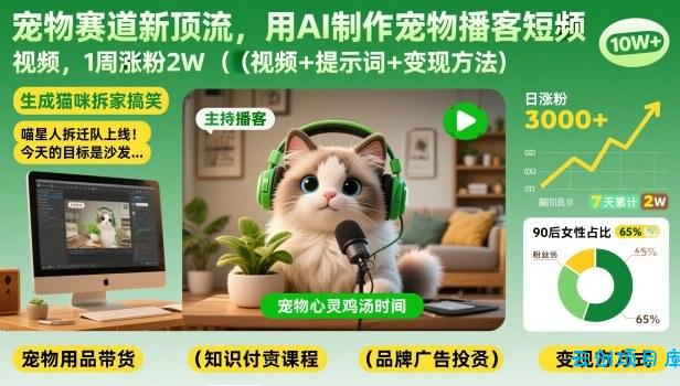 宠物赛道新顶流，用AI制作宠物播客短视频，1周涨粉2W(视频+提示词+变现方法)-云创项目库