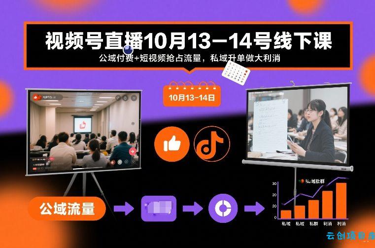 视频号直播10月13-14号线下课，公域付费+短视频抢占流量，私域升单做大利消-云创项目库