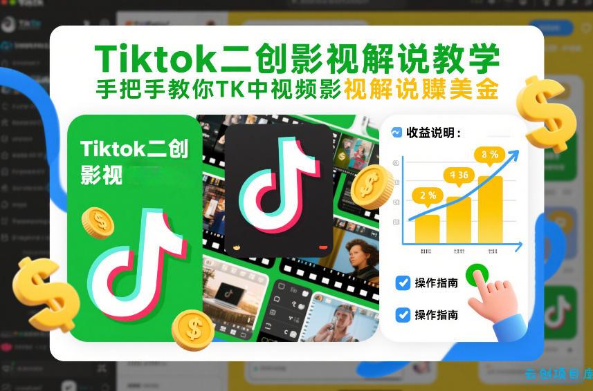 Tiktok二创影视解说教学，手把手教你TK中视频影视解说賺美金(更新26年1月)-云创项目库