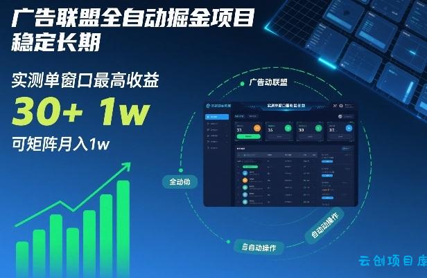 广告联盟全自动掘金项目，稳定长期，实测单窗口最高收益30+，可矩阵月入1w+【揭秘】-云创项目库