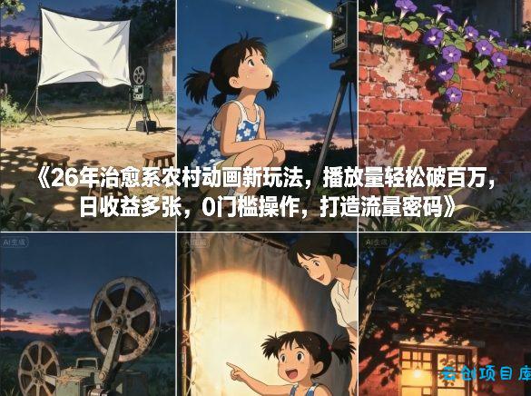 26年治愈系农村动画新玩法，播放量轻松破百万，日收益多张，0门槛操作，打造流量密码-云创项目库