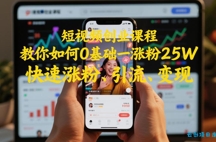 短视频创业课程，教你如何0基础一天涨粉25W，快速涨粉、引流、变现-云创项目库