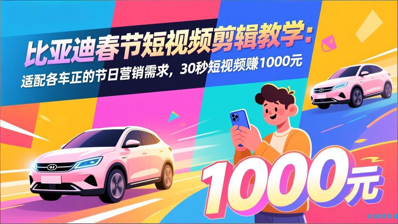 比亚迪春节短视频剪辑教学：适配各车企的节日营销需求，30秒短视频赚1000元-云创项目库