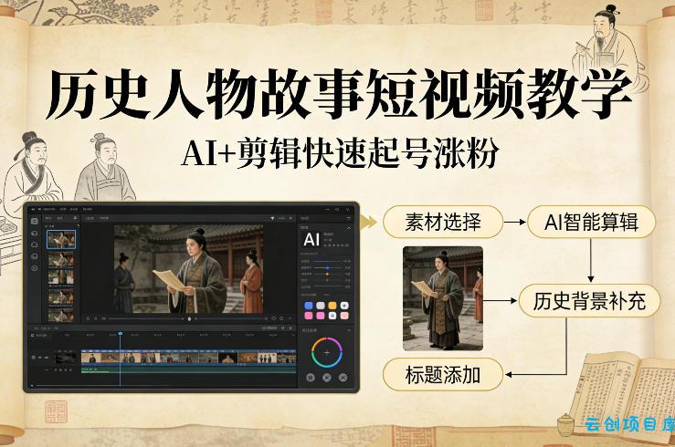 历史人物故事短视频教学，AI+剪辑制作历史人物题材短视频，快速起号涨粉-云创项目库
