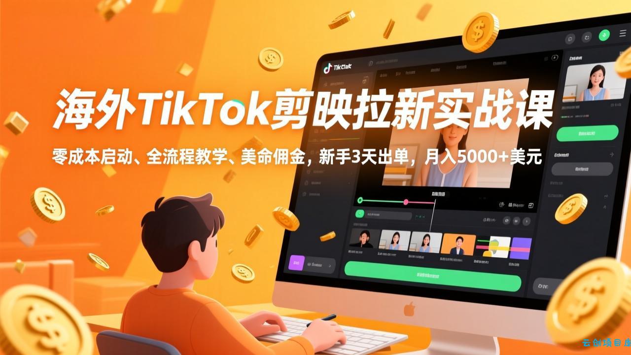 海外TikTok剪映拉新实战课，零成本启动、全流程教学、美金佣金，新手3天出单，月入5000+美元-云创项目库