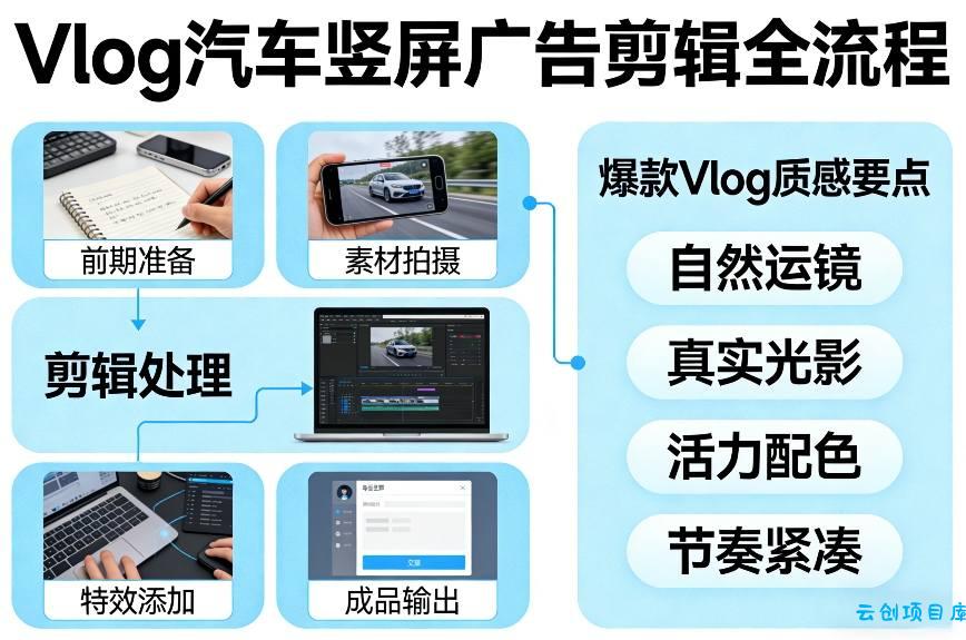 Vlog感觉汽车竖屏广告剪辑脚本全流程，拿捏爆款Vlog质感-云创项目库