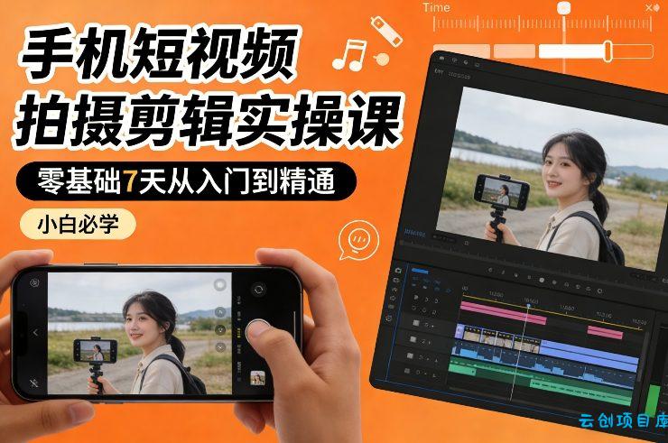 手机短视频拍摄剪辑实操课，零基础7天从入门到精通，小白必学-云创项目库