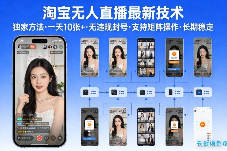 淘宝无人直播【最新技术】，独家方法，一天搞10张+，无违规封号，支持矩阵操作，长期稳定【内部揭秘】-云创项目库