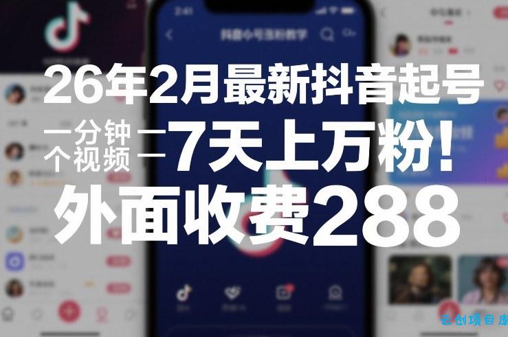 26年2月最新抖音起号涨粉教学，一分钟一个视频，7天上万粉，外面收费288-云创项目库