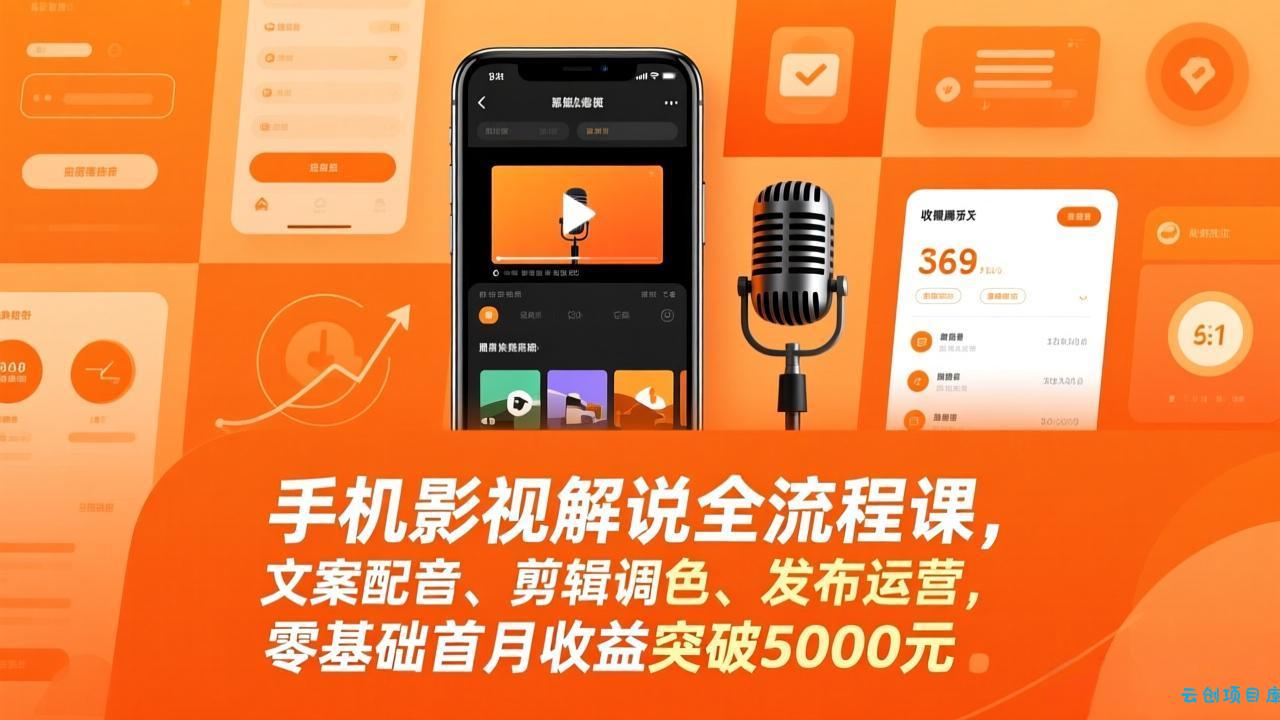 手机影视解说全流程课，文案配音、剪辑调色、发布运营，零基础首月收益突破5000元-云创项目库