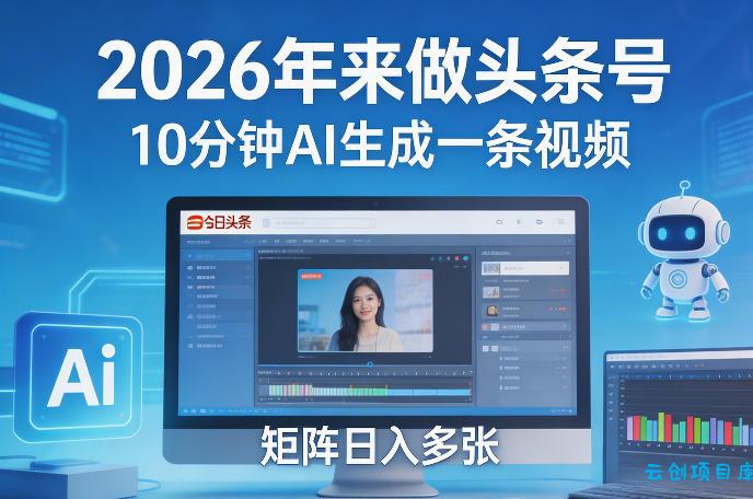2026年来做头条号，10分钟AI生成一条视频，矩阵日入多张-云创项目库