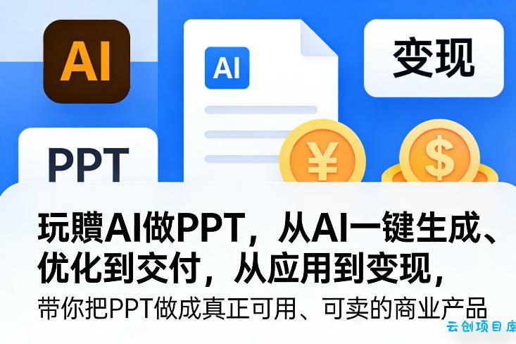 玩賺AI做PPT，从AI一键生成、优化到交付，从应用到变现，带你把PPT做成真正可用、可卖的商业产品-云创项目库