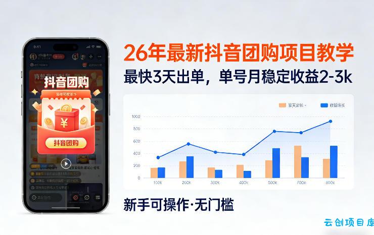 26年最新抖音团购项目教学，0门槛，最快3天出单，单号月稳定收益2-3k(更新3月11日)-云创项目库