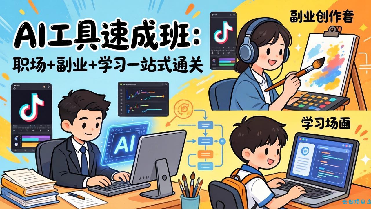 AI工具速成班：职场+副业+学习一站式通关，20+爆款类型+剪映技巧+抖音算法，0基础快速上手-云创项目库