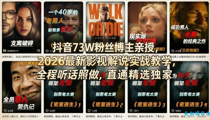 抖音73W粉丝博主亲授，2026最新影视解说实战教学，全程听话照做，直通精选独家-云创项目库