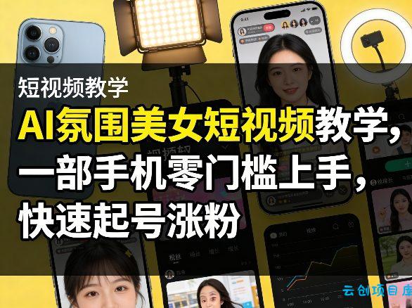 AI氛围美女短视频教学，一部手机零门槛上手，快速起号涨粉-云创项目库