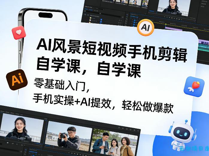 AI风景短视频手机剪辑自学课，零基础入门，手机实操+AI提效，轻松做爆款-云创项目库