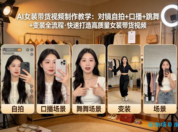 AI女装带货视频制作教学，对镜自拍、口播、跳舞、变装全流程，快速打造高质量女装带货视频-云创项目库
