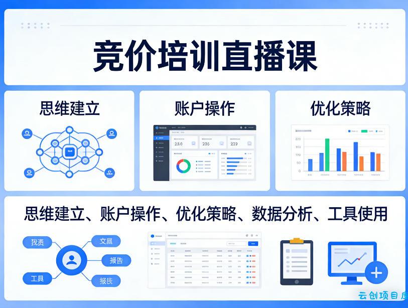 竞价培训直播课，覆盖思维建立、账户操作、优化策略、数据分析、工具使用等，全方位提升效果-云创项目库