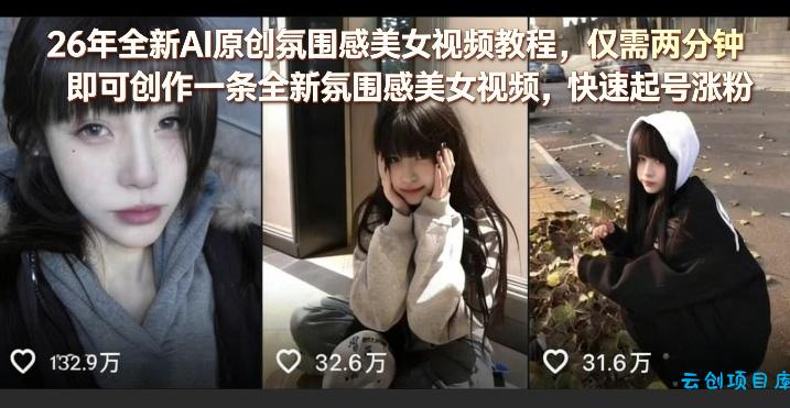 26年全新AI原创氛围感美女视频教程,仅需两分钟即可创作一条全新氛围感美女视频,快速起号涨粉-云创项目库