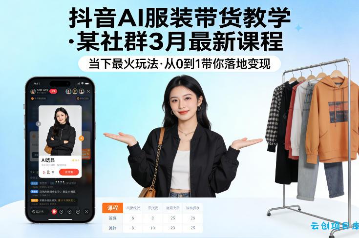 抖音AI服装带货教学，某社群3月最新课程，当下最火玩法，从0到1带你落地变现-云创项目库