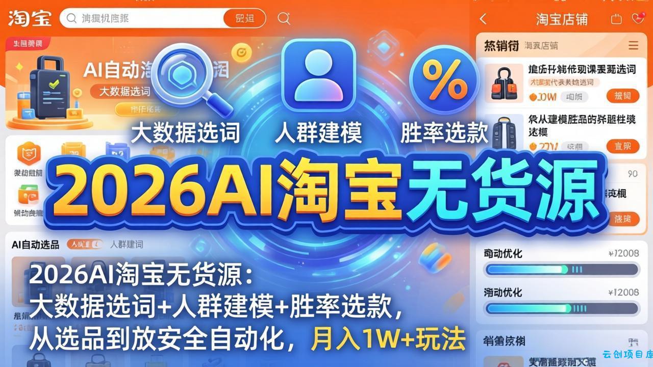 2026AI淘宝无货源：大数据选词+人群建模+胜率选款，从选品到放大全自动化，月入1W+玩法-云创项目库