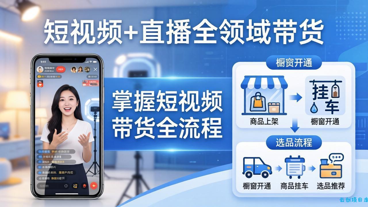 短视频+直播全领域带货：掌握橱窗开通、挂车、选品、爆款文案改编等短视频带货全流程-云创项目库