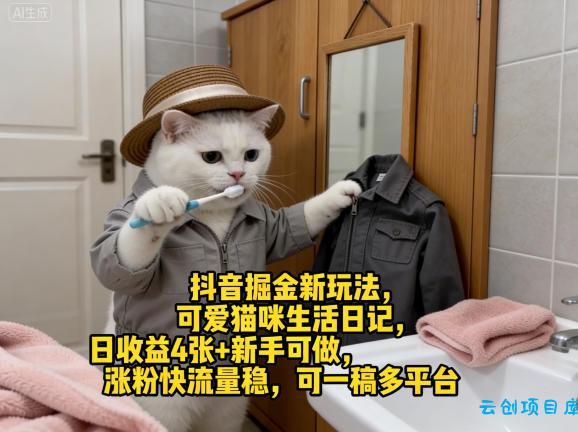 抖音掘金新玩法,可爱猫咪生活日记,日收益4张+新手可做,涨粉快流量稳,可一稿多平台
