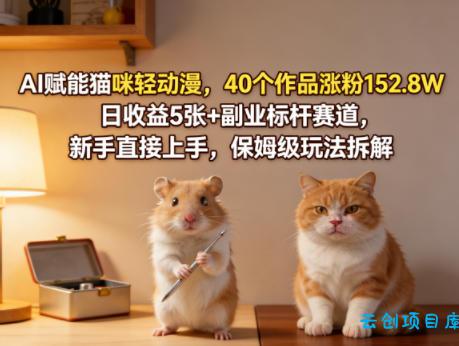 AI赋能猫咪轻动漫，40个作品涨粉152.8W，日收益5张+副业标杆赛道，新手直接上手，保姆级玩法拆解-云创项目库