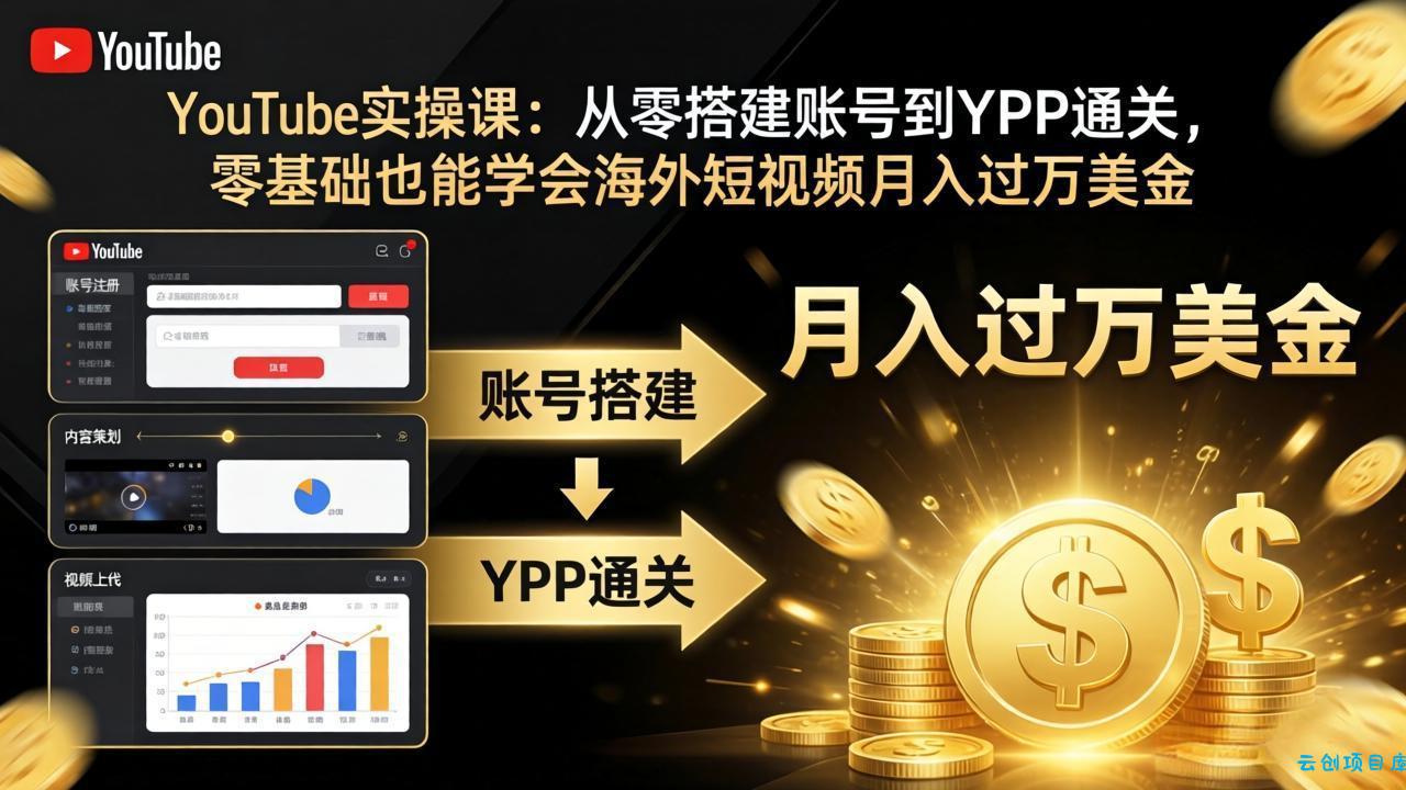 YouTube实操课：从零搭建账号到YPP通关，零基础也能学会海外短视频月入过万美金-云创项目库