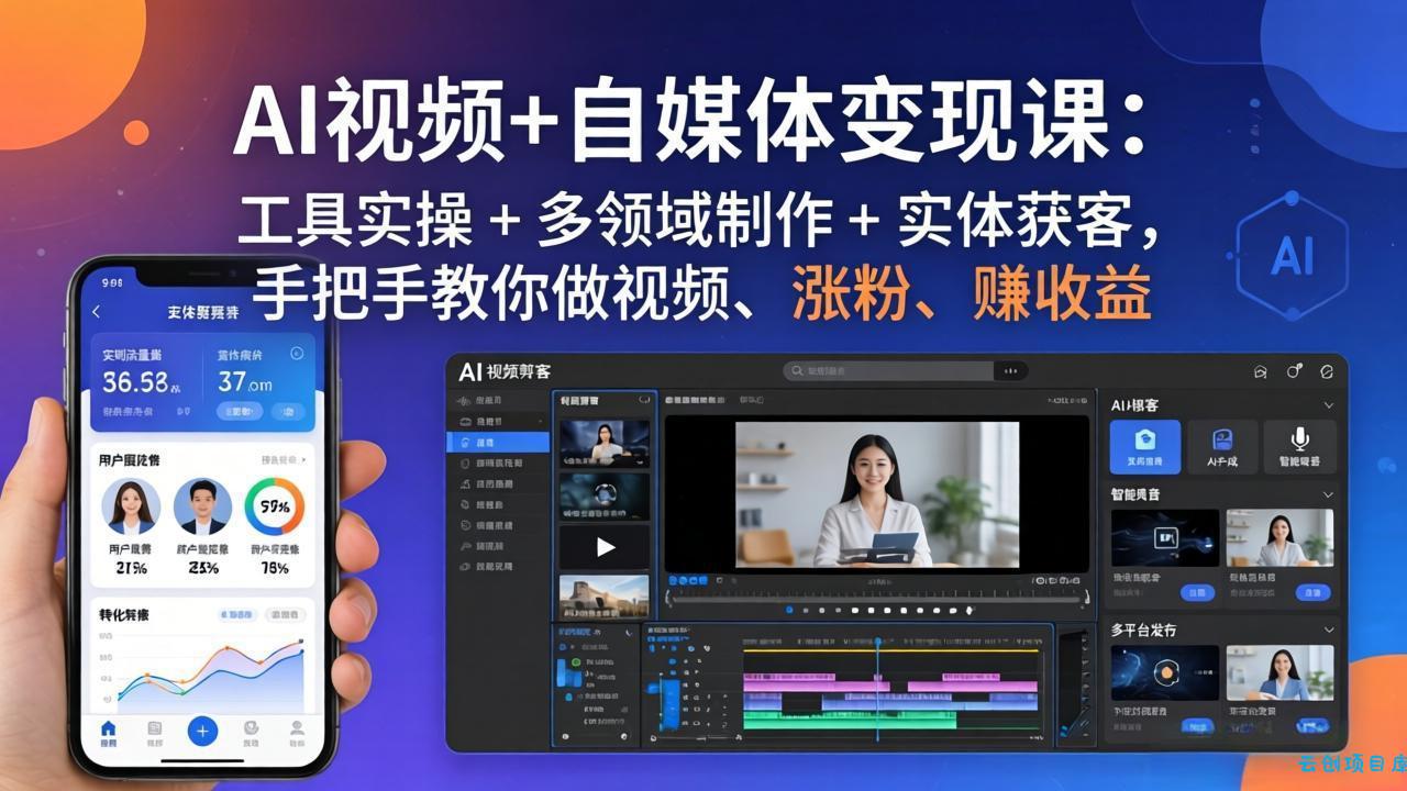 AI视频+自媒体变现课：工具实操 + 多领域制作 + 实体获客，手把手教你做视频、涨粉、赚收益-云创项目库