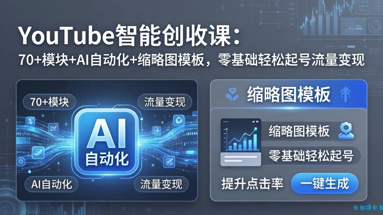 YouTube智能创收课：70+模块+AI自动化+缩略图模板，零基础轻松起号流量变现-云创项目库