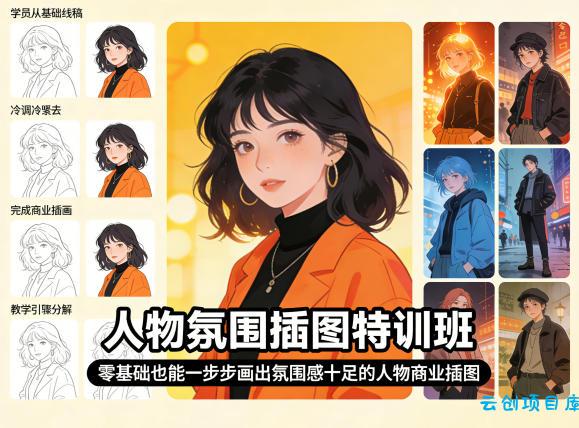 人物氛围插图特训班，零基础也能一步步画出氛围感十足的人物商业插图-云创项目库